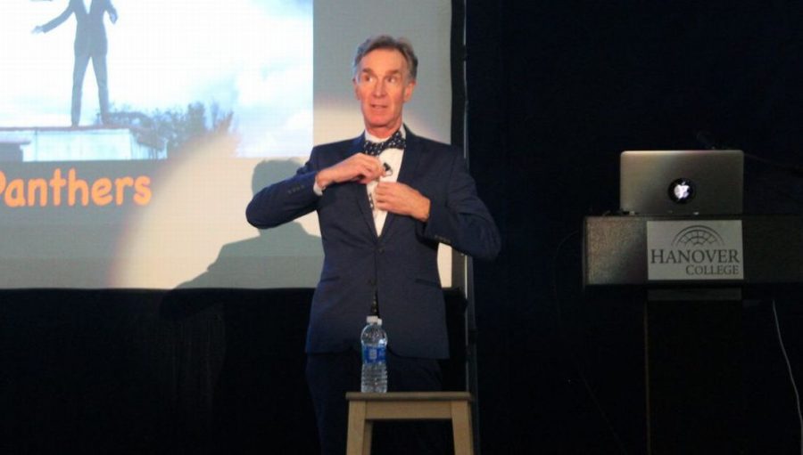 Bill Nye  stands in front of Hanover College attendees for his presentation.