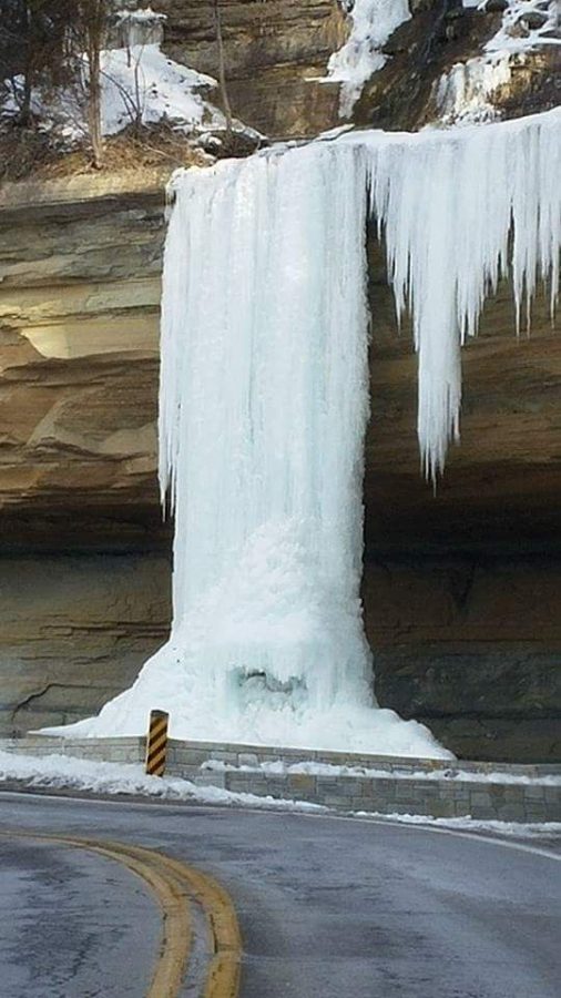 The small waterfall on Hanging Rock Hill was frozen over after winter weather on January 5th.