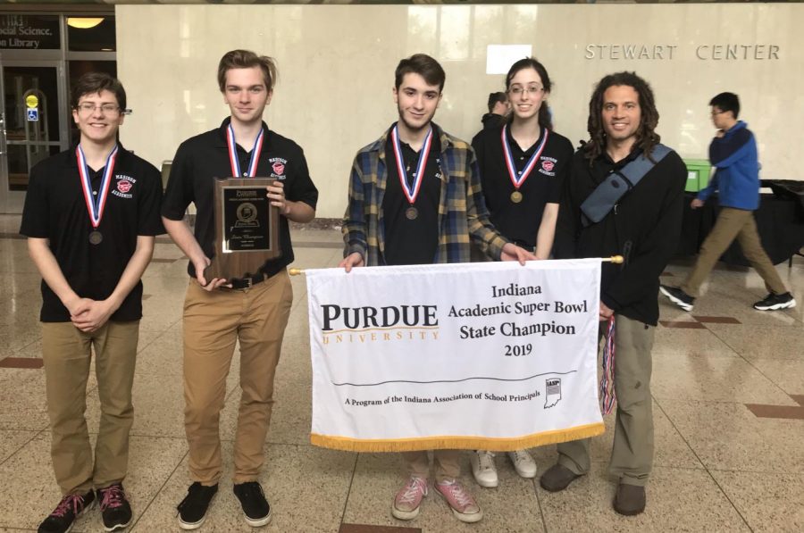 Members of the state champion academic Super Bowl team from left: Jalen Wilson, Haniah Kring, Ezra Young, Lydia Goebel, and Coach Emeka Koren