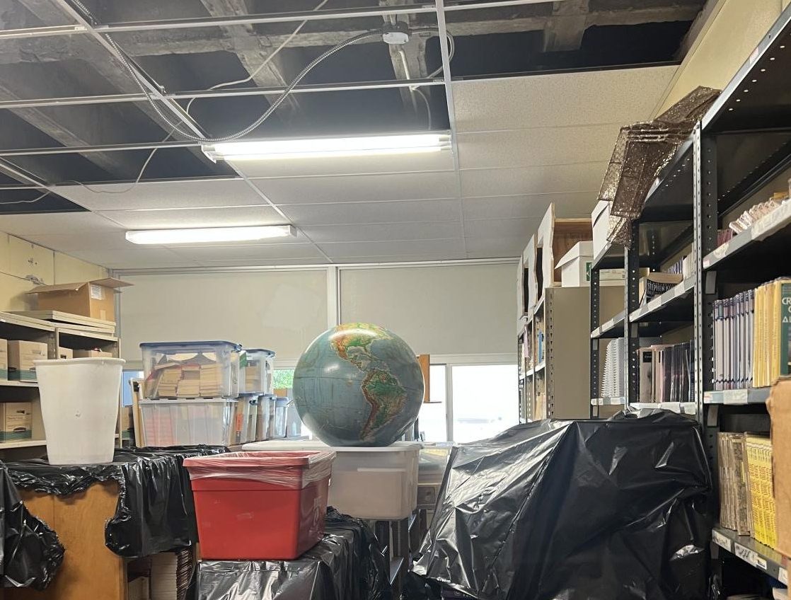 The water-damaged book room at MCHS after a roof leak during the summer.