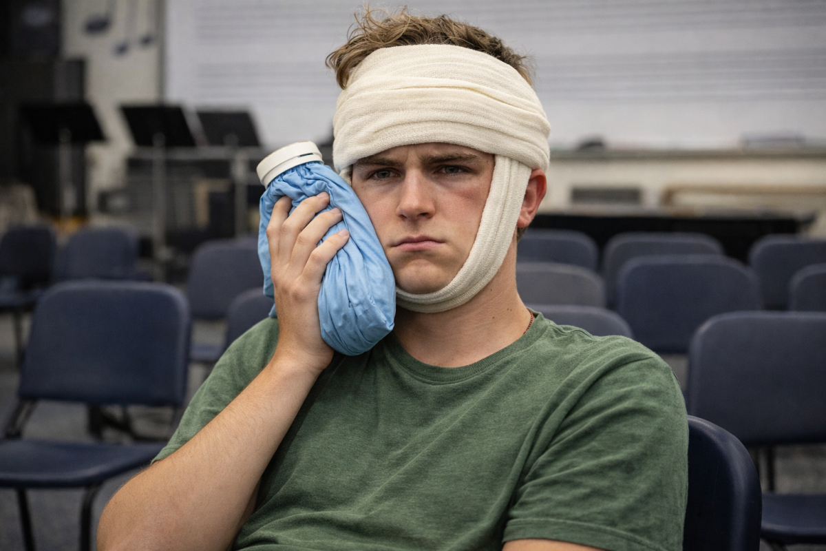 One student reflects on the aftermath of the alleged rhythm-stick conflict while recovering with an ice pack and what appears to be a highly dramatic head bandage.